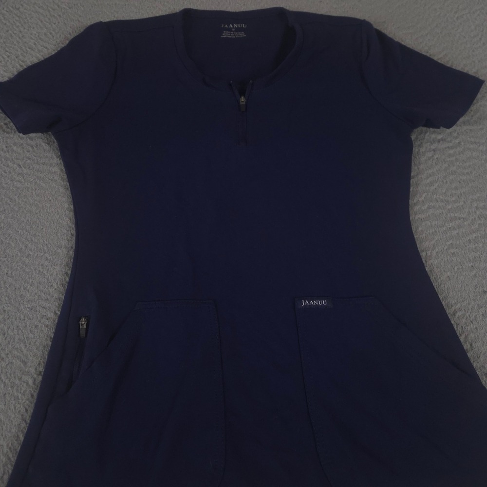 Jaanuu Scrub Top Womens Small Navy Aria Mock-Neck Rayon Nylon Stretch Zip Pocket
